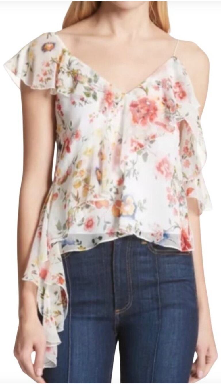 Alice + Olivia Paulina Asymmetric Floral Print Silk Ruffle Tank Top White M